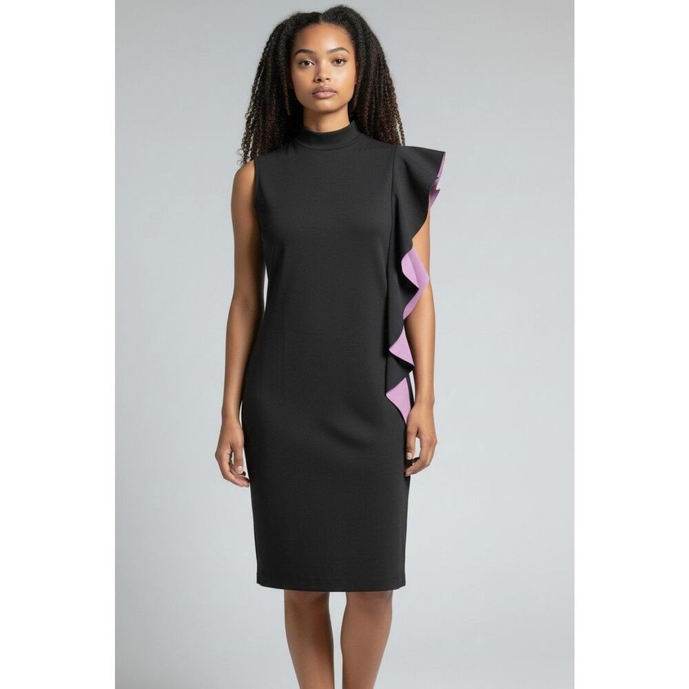 B2 Auth SHANGHAI TANG Black & Pink Side Ruffle Trim Sleeveless Sheath Dress Sz S